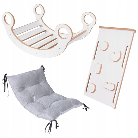 GUGI Bujak Montessori M Drewniany + Zjeżdżalnia + Ścianka + Poduszka Welurowa Szary