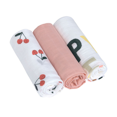 Lassig Bambusowa pieluszka otulacz Zestaw 3 szt. 80x80cm Happy Fruits cherry