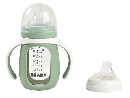 Beaba Szklana Butelka Treningowa w Silikonowej Osłonce 2w1 210 ml Sage Green