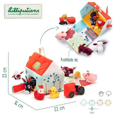 Lilliputiens Rozkładany Domek Farma z 6 Zwierzątkami, Rolnikiem i Traktorem 18m+