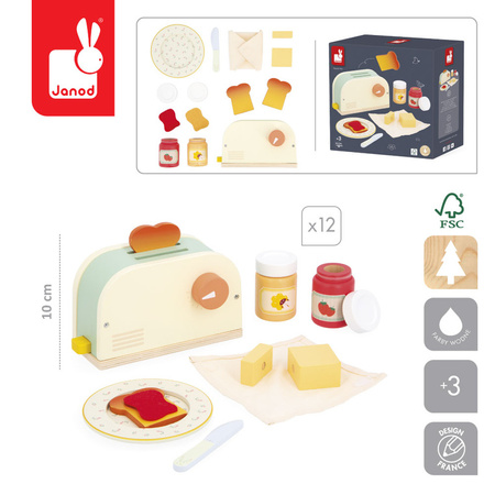 Janod Drewniany zestaw śniadaniowy z tosterem i 12 akcesoriami Shiny Grandma 3+