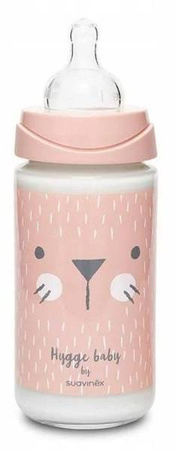 Suavinex Butelka szklana 240ml  smoczek okrągły silikonowy 3 przepływowy  Kotek różowy   Hygge Baby