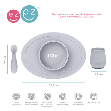 EZPZ Komplet pierwszych naczyń silikonowych First Foods Set pastelowa szarość + kubeczek Tiny Cup pastelowa szarość GRATIS