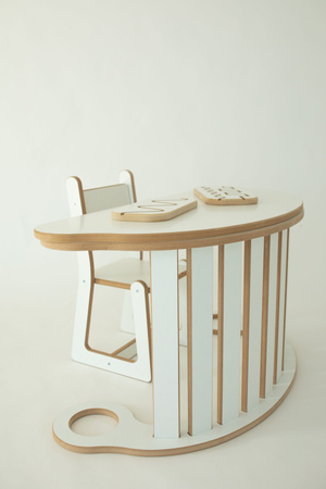 GUGI Drewniany Bujak Montessori XL + Ścianka Wspinaczkowa / Zjeżdzalnia + Poduszka Beżowa + Krzesełko + Blat