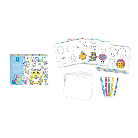 Janod Zestaw kreatywny Rysowanie krok po kroku z brokatowymi markerami 20 rysunków i kolorowanek 6+