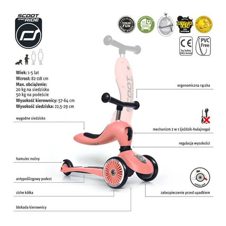 Scootandride Highwaykick 1 Jeździk i Hulajnoga 2w1 1-5 Lat Peach