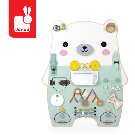 Janod Duża drewniana tablica manipulacyjna 20 aktywności Miś Pure 18m+