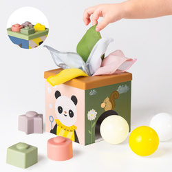 Taf Toys Pojemnik Zabawa i Odkrywanie Sensoryczna Kostka Edukacyjna 12m+ z chustkami