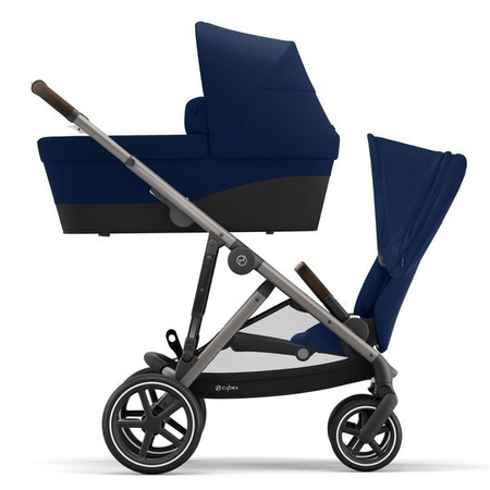 Cybex Gazelle S Wózek Bliźniaczy Rok po Roku + Cybex Aton M I-Size & SensorSafe 0-13 kg RWF + Adaptery  Navy Blue rama Taupe