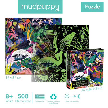 Mudpuppy Puzzle rodzinne świecące w ciemności Ptaki 500 elementów 8+