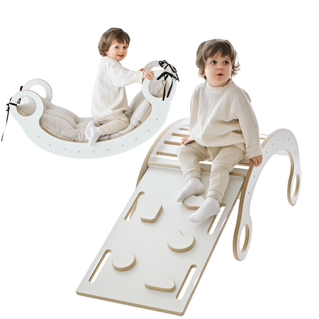 GUGI Bujak Montessori XL Drewniany z Ścianką Wspinaczkową / Zjeżdżalnią + Poduszka Beżowa