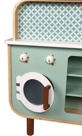 Janod Dwustronna Drewniana Kuchnia z Pralką 2w1 z Dźwiękiem, Światłem Led i 8 Akcesoriami