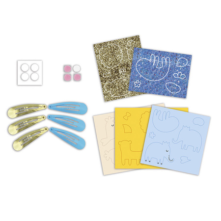 Janod Zestaw kreatywny do tworzenia biżuterii Brokatowe spinki do włosów Egzotyczne zwierzęta 5+