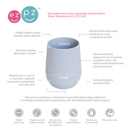 EZPZ Silikonowa miseczka z podkładką 2w1 Mini Bowl + GRATIS silikonowy kubeczek Mini Cup 120ml z 2 słomkami  pastelowa szarość