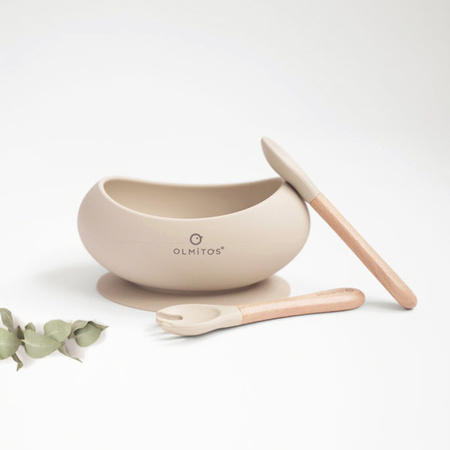 Olmitos Miseczka silikonowa ze sztućcami beżowy