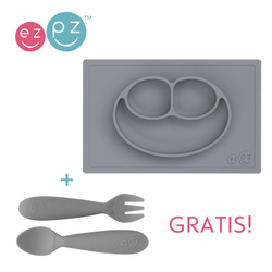 EZPZ Silikonowy talerzyk z podkładką 2w1 Happy Mat + GRATIS komplet silikonowych sztućców szary