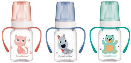 Canpol Babies Butelka 120 Ml Dekorowana + Uchwyt  (Bpa 0%) Kolekcja Wesołe Zwierzaki