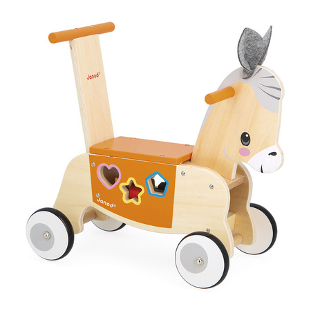 Janod Jeździk i pchacz 2w1 z sorterem kształtów Osiołek Farma 12m+