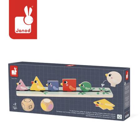 Janod Układanka edukacyjna Sortowanie kształtów, kolorów i rozmiarów Ptaki 2+