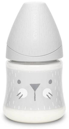 Suavinex Butelka 150ml Premium smoczek okrągły silikonowy o wolnym przepływie Kotek szary  Hygge Baby