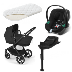 Cybex Eos Basic 3w1 Wózek Głęboko-Spacerowy Rama Czarna + Adaptery + Fotelik Aton B2 I-Size Moon Black  + Baza One + Materac do Gondoli