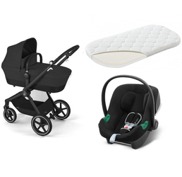 Cybex Eos Basic 3w1 Wózek Głęboko-Spacerowy Rama Czarna + Adaptery + Fotelik Aton B2 I-Size Moon Black  + Materac