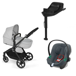 Cybex Eos Basic 3w1 Wózek Głęboko-Spacerowy Rama Czarna + Adaptery + Fotelik Aton B2 I-size Lava Grey + Baza One