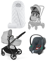 Cybex Eos Basic 3w1 Wózek Głęboko-Spacerowy Rama Czarna + Adaptery + Fotelik Aton B2 I-size Lava Grey + Cybex Śpiworek Snogga