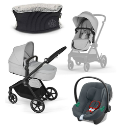 Cybex Eos Basic 3w1 Wózek Głęboko-Spacerowy Rama Czarna + Adaptery + Fotelik Aton B2 I-size Lava Grey + Mufka do Wózka Kiddy