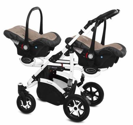 Babyactive Wózek Głęboko-Spacerowy Bliźniaczy Twinni Premium + Fotelik Samochodowy 0-13 kg  3w1 Biały Stelaż 12 Beige
