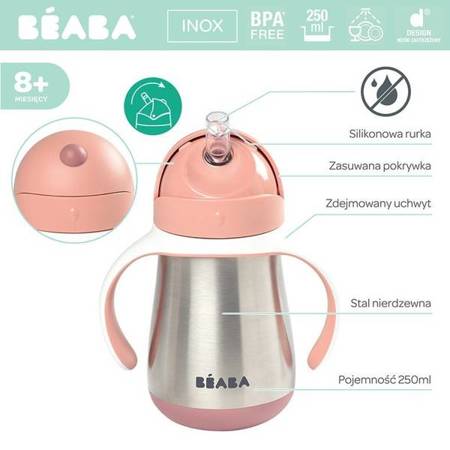 Beaba Butelka Kubek Niekapek Stalowa ze Słomką 250 ml  Old Pink