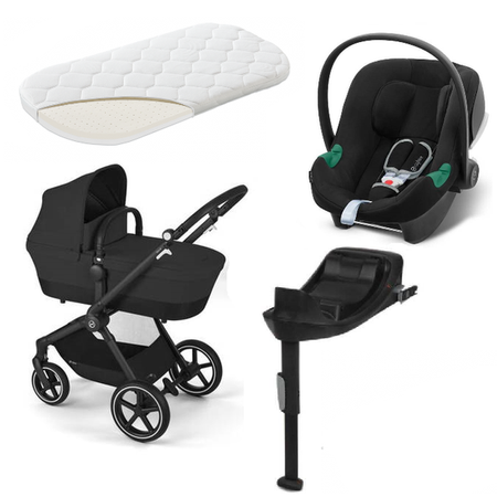 Cybex Eos Basic 3w1 Wózek Głęboko-Spacerowy Rama Czarna + Adaptery + Fotelik Aton B2 I-Size Moon Black  + Baza One + Materac do Gondoli