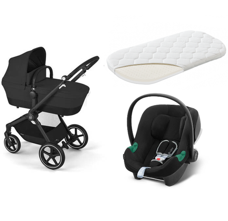 Cybex Eos Basic 3w1 Wózek Głęboko-Spacerowy Rama Czarna + Adaptery + Fotelik Aton B2 I-Size Moon Black  + Materac