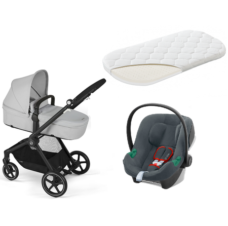 Cybex Eos Basic 3w1 Wózek Głęboko-Spacerowy Rama Czarna + Adaptery + Fotelik Aton B2 I-size Lava Grey + Materac