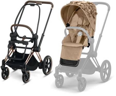 Cybex e-Priam 3.0 Rama ze Stelażem Siedziska + Tapicerka Wózek Spacerowy Nude Beige Simply Flowers