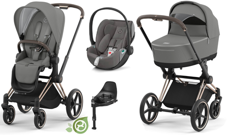 Cybex e-Priam 3.0 Wózek Głęboko-Spacerowy Conscious Green Leaf + Cloud Z2 Fotelik Samochodowy 0-13 kg + Baza Isofix Z2 Zestaw 4w1 Eco Pearl Grey