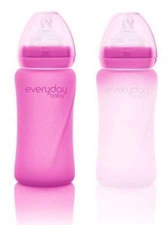 Everyday Baby, Szklana butelka ze smoczkiem M reagująca na temperaturę, 240 ml Wiśniowy