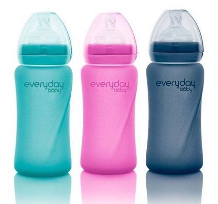 Everyday Baby, Szklana butelka ze smoczkiem M reagująca na temperaturę, 240 ml Wiśniowy