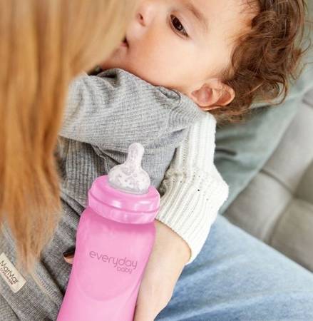 Everyday Baby, Szklana butelka ze smoczkiem M reagująca na temperaturę, 240 ml Wiśniowy