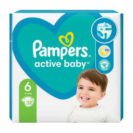 Pampers Active Baby Pieluszki Jednorazowe 6, 15KG+, 32 Sztuki